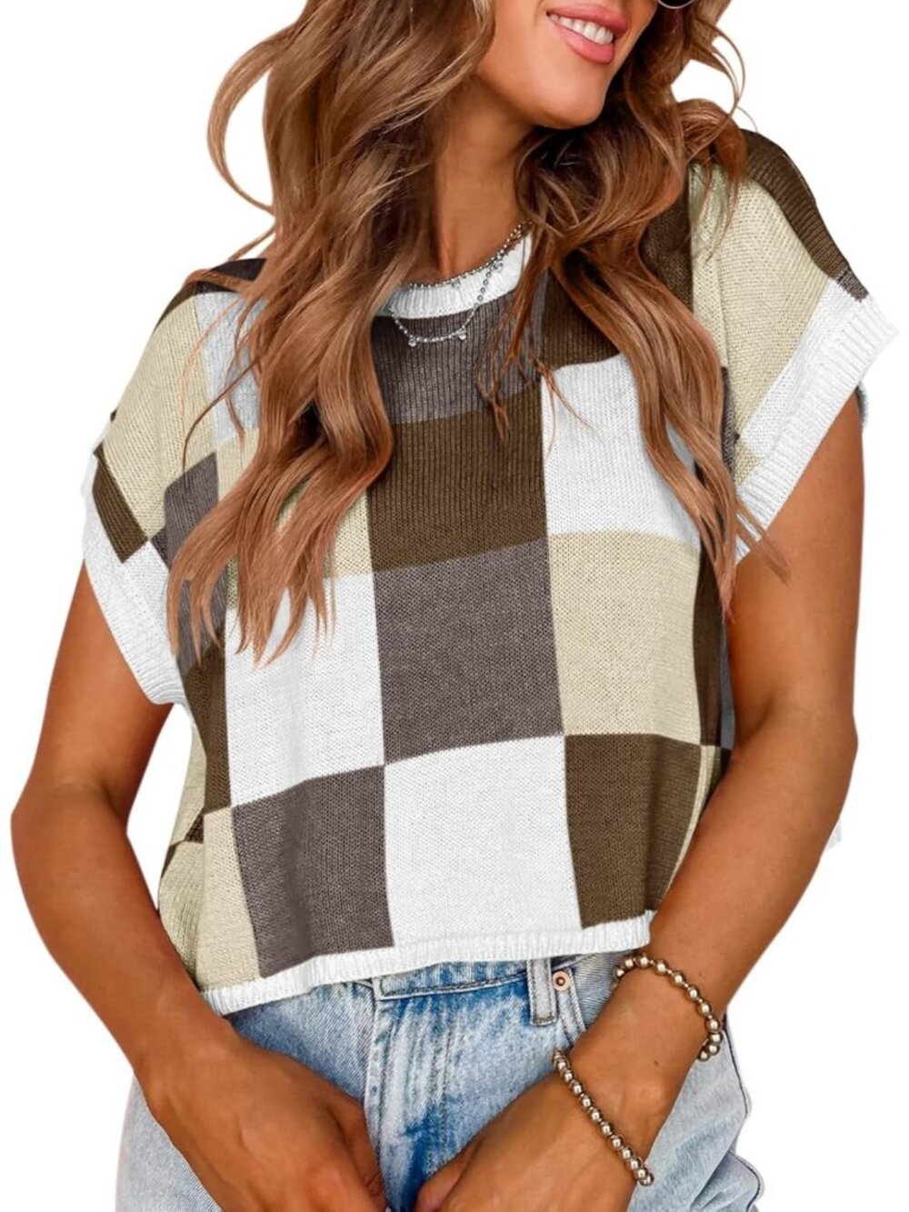 Women's Khaki Knit Crop Tops Crew Neck Loose Fit Summer Comfort Cap Sleeve